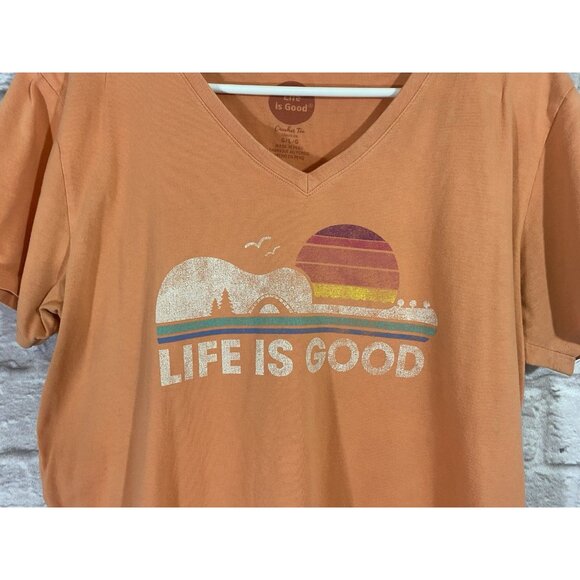 Life is Good V Neck Crusher Tee Shirt Guitar Music Sunset Classic Peach Orange L - Picture 3 of 8